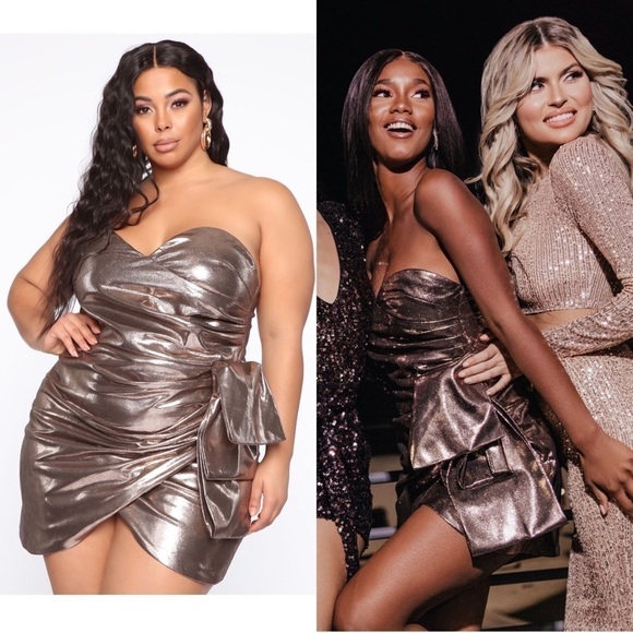 NWT Metallic Gold Sweetheart Neck Strapless Ruched Draped Bow Mini Dress 1x - Picture 1 of 8